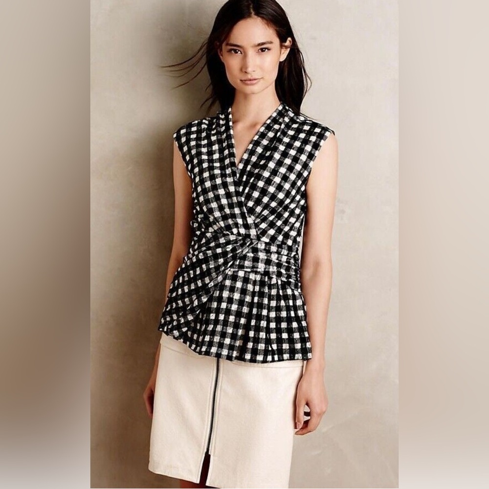 Anthropologie Black and White Gingham Wrap Peplum Top